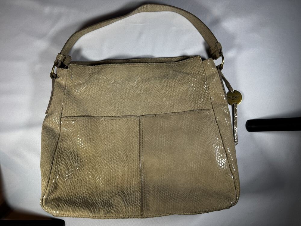 Margot New York Large Leather Hobo Shoulder Bag Tan Reptile Embossed Purse